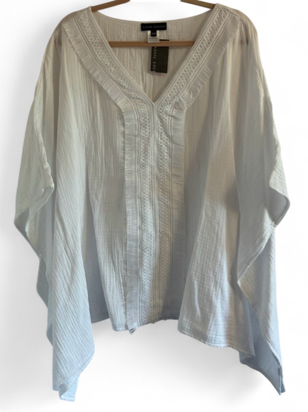 Classic Editions White Cotton Poncho-Like Top V-neckline Decorative Trim XXL